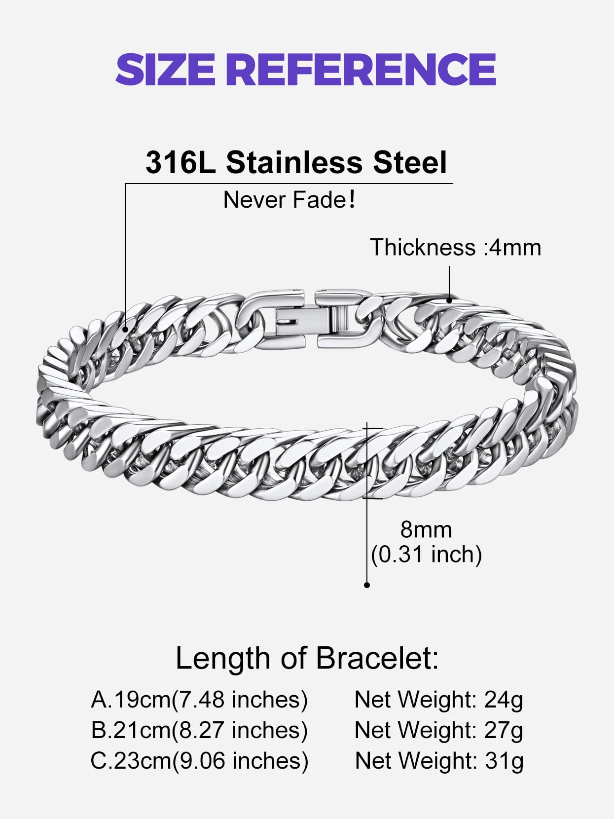 Richsteel Stainless Steel Bracelet for Men 8mm Wide Cuban Link Chain Bracelets 8.2 Inch