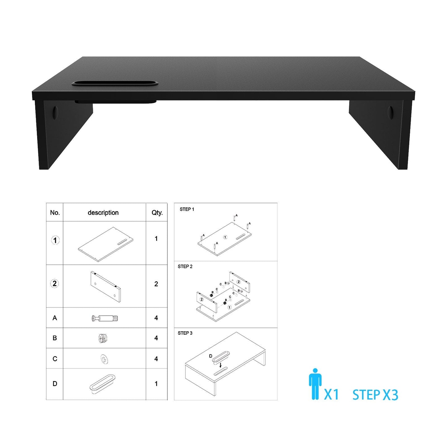 1home Ergonomic Monitor Stand Riser, 21.3 Inch Wood Desktop Stand with Cellphone Holder and Cable Management, Black