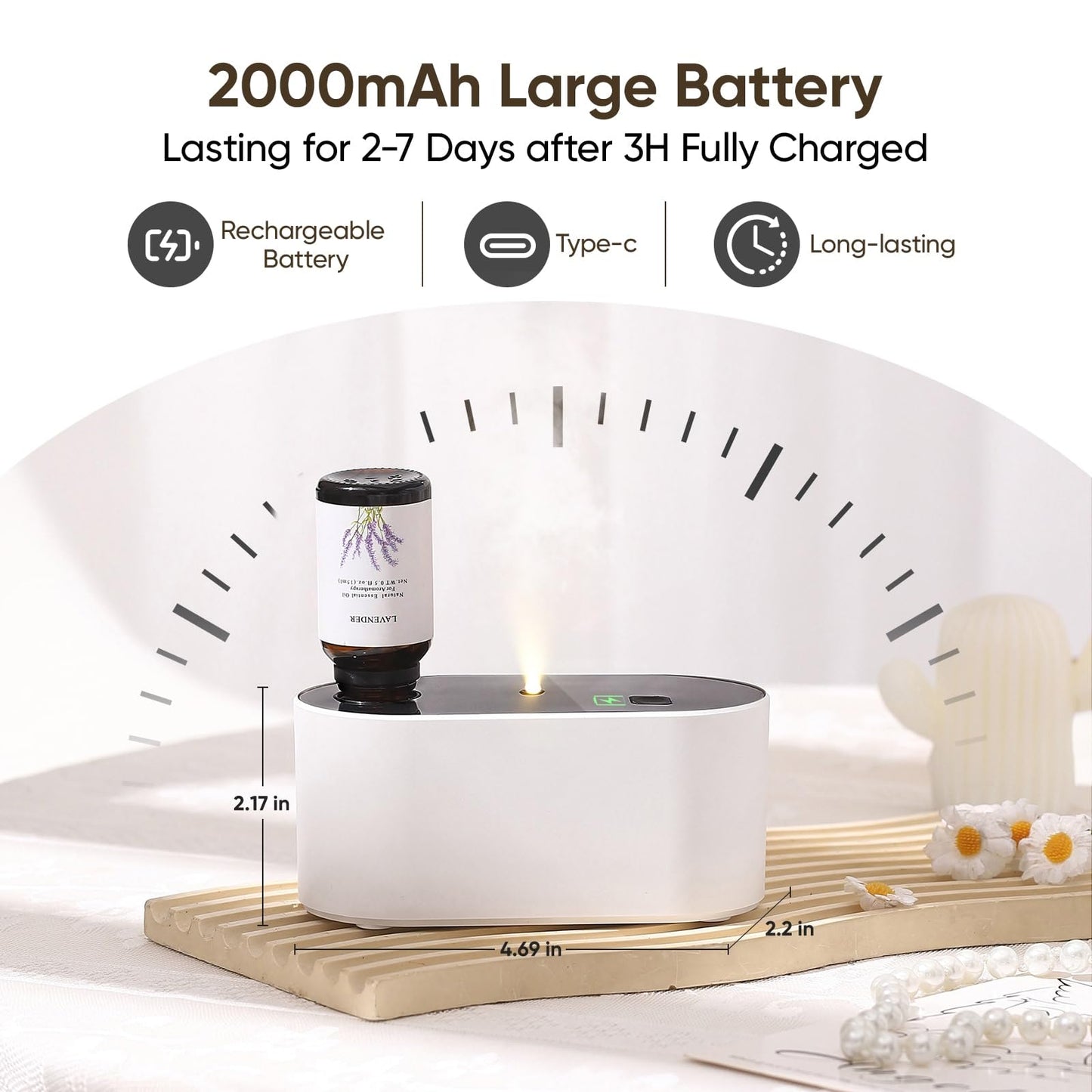 Waterless Diffuser for Essential Oil, Battery Operated Scent Air Aromatherapy Diffuser, Mini Aroma Diffusers with 3 Intermittent Mist Modes, Cycle Start, for 400 sq.ft Room Home Office Bedroom