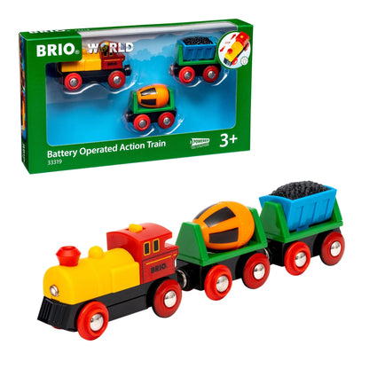 BRIO World Battery Operated Action Train - Motorized for Wooden Tracks - Kids Electric Set - Includes Moving Coal Wagon & Rotating Cement Mixer - Compatible with All Railway Sets - Kids Ages 3 & Up