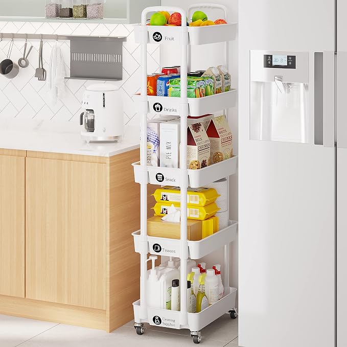 Laiensia 5-Tier Rolling Cart with Wheels,Multifunction Utility Storage Carts, Kitchen Storage Organizer,Mobile Shelving Unit for Bathroom,Laundry,with Classified Stickers,White