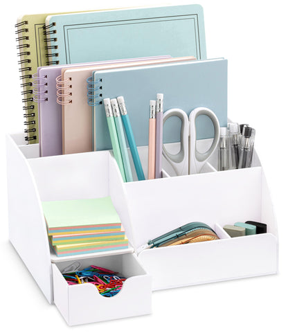 White Desktop Organizer - 9 Compartment Office Desk Accessories Organizer - Pen Holder