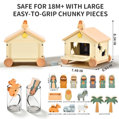 Mauzutta Wooden Nativity Set Montessori Toys for 1 Year Old - Baptism Gifts for Boys Girls - Religious Christening Gift - Bible Toys for Toddlers 1-3 House on Wheels Shape Sorter