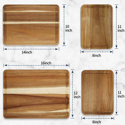 AZRHOM Large Wood Cutting Boards Set of 4 for Kitchen Cheese Charcuterie Board (Gift Box Included) Acacia Butcher Block with Non-slip Mats, Juice Groove and Handles (16x12, 14x10, double 11x8 inch)-4