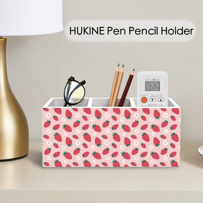 HUKINE Pink Strawberry Pen Holder for Desk Decoration, Preppy Girly Aesthetic Wooden Box Sign Pencil Holder Organizer for Home Office Desk Accessories, Strawberry Gifts for Women Girls