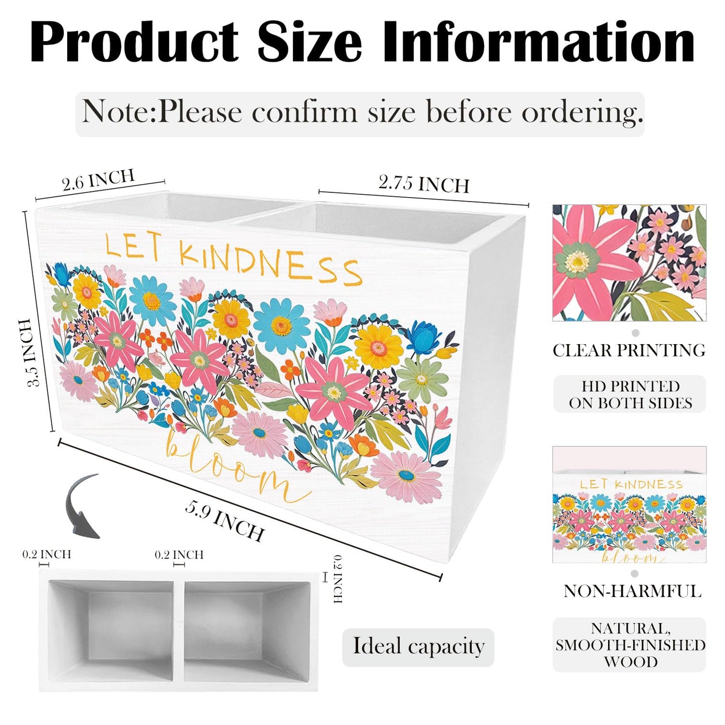 HYKDFMNCJ Boho Floral Mental Health Pen Holder for Desk, Let Kindness Bloom Wooden Box Sign Desk Decor for Therapy Office Classroom Decoration, Psychology Pencil Organizer, Kindness Gifts