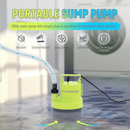 1/3 HP Submersible Water Pump 2000 GPH Portable Small Sump Pump For Pool Cover, Basements, Puddles, Gardens Ponds With 16.4 Ft Power Cord and Hose Adapters, Yellow