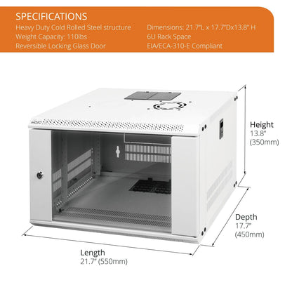 Tecmojo 6U Wall Mount Rack Network Cabinet for 19" IT Equipment,with Lockable Glass Door and Side Panels,Cooling Fan,17.7inch Depth,White