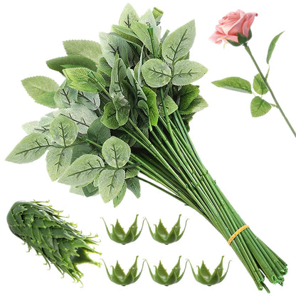 CDOKY 50 Pcs Rose Stems with Leaves & 50 Pcs Flower Calyxes Set, Fake Flower Stems Artificial Flower Sepals, Floral Arrangement Supplies, DIY Artificial Flowers Tools for Bouquet Wedding Party