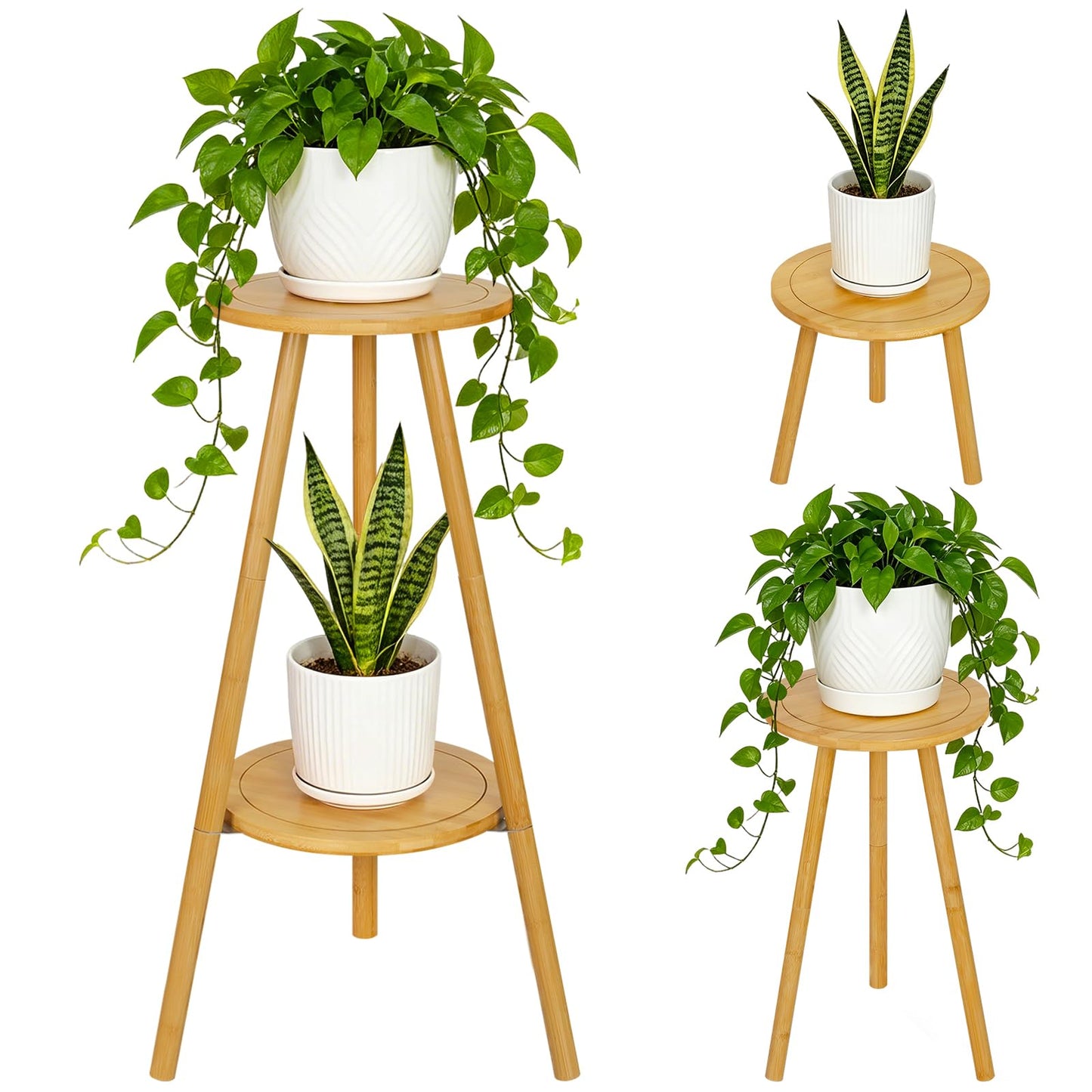 Jotsport Bamboo 2-Tier Plant Stand, 30" Tall 2-in-1 Convertible Flower Pot Holder, Heavy Duty 150 LBS Capacity, Multi-Use End Table for Window, Living Room, Balcony, Patio