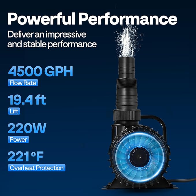 VIVOHOME 220W 4500GPH Submersible Water Pump with 180° Seamless Adjustable Nozzle and Barrier Bag for Koi Pond Waterfall Fountains Fish Tank
