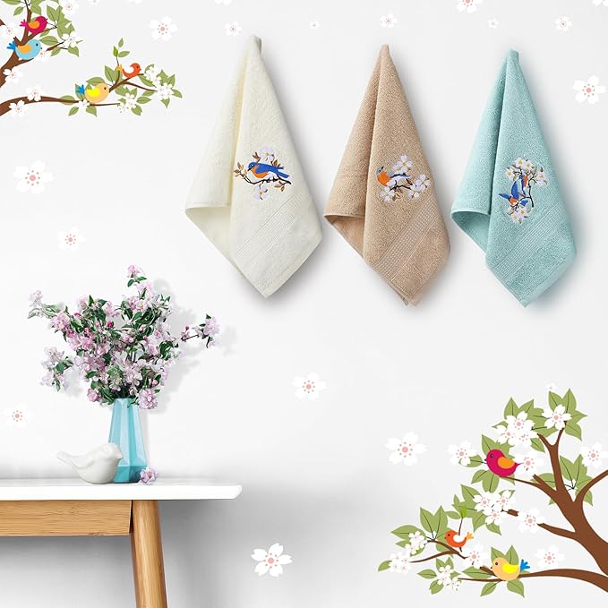 Bird Floral Hand Towels Farmhouse White Light Brown Turquoise Bird Bathroom