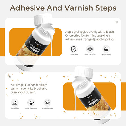 Nicpro Gold Leaf Gilding Adhesive Set, 100ml Water Based Glue and 100ml Varnish, 200 pcs Gold Leaf/Rose Gold/Silver Leaf Sheets for Arts, Painting, Craft, Furniture and Decoration with 4 Brushes