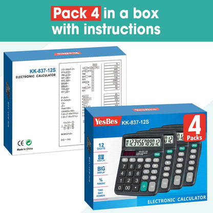 4 Pack Calculator Bulk, 12 Digits Calculators Desktop with Large LCD Display and Sensitive Butto, Solar and Battery Dual Power, Desk Calculator