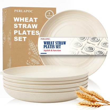 Perlapoc Wheat Straw Dinner Plates 6-Piece Set, 10 Inch Unbreakable Deep Plates, BPA-Free Reusable Plastic Plates, Microwave and Dishwasher Safe for Family, Kitchen, Beige