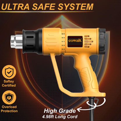 COWALT Heat Gun, 1800W Hot Air Gun with Adjustable Temperature 122-1200°F, Dual Speed Settings for Vinyl Wrap, Epoxy Resin, Crafts, Shrink Tubing - 4 Nozzles & Scraper Included