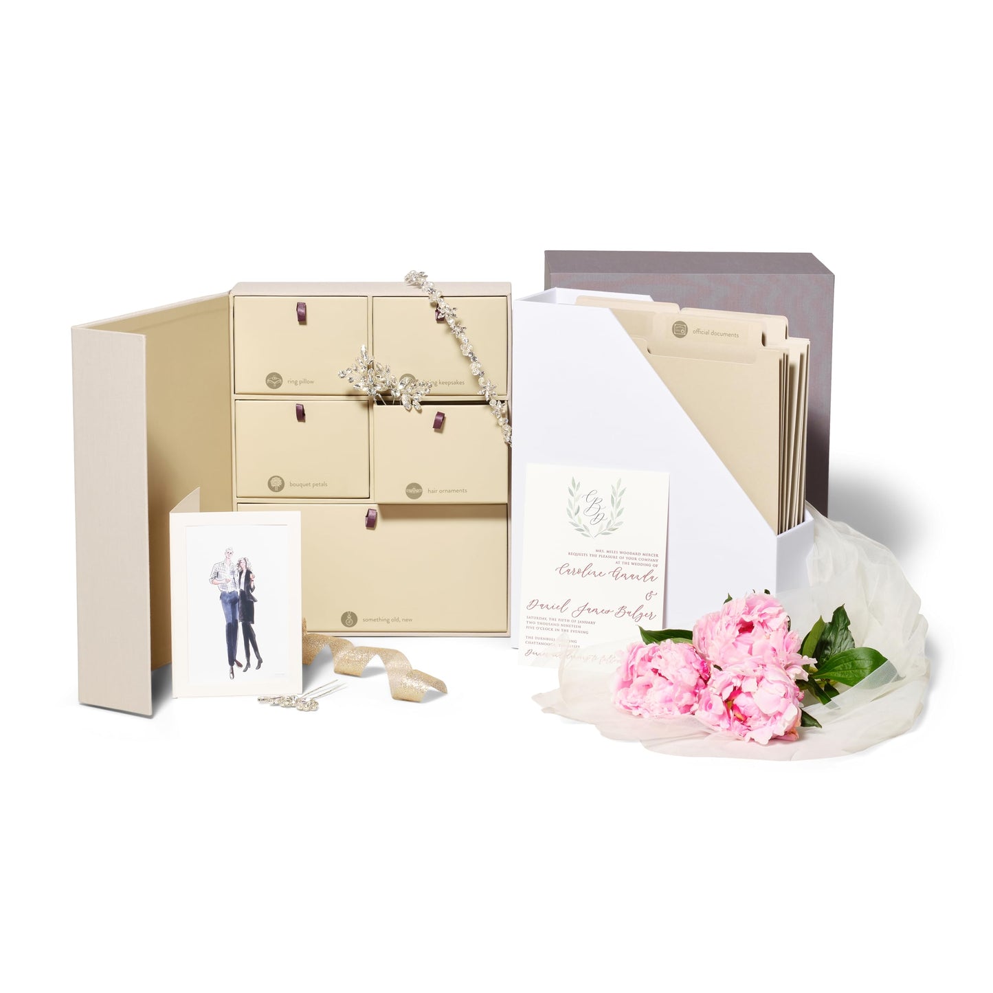Savor | Deluxe Wedding Keepsake Box with 52 Labels, 6 Drawers, and 8 Vertical Files | Acid-Free Memory Organizer for Wedding Day, Bridal Shower & Anniversary (Slate, No Customization)