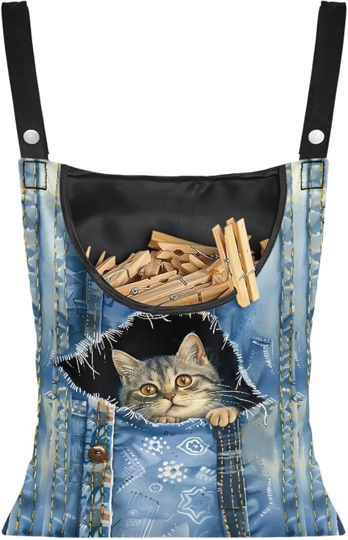 Cat Pin Bag with Hanging Rope, Laundry Hanging Bag, Fits Clothes Lines