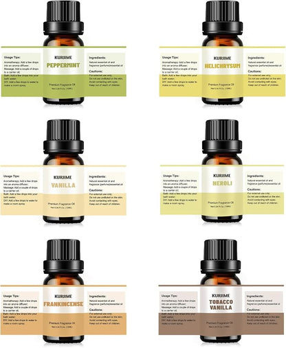 Essential Oil Set, Earthy Scents Fragrance Oil Essential Oils for Diffuser Oil Scents | Peppermint, Frankincense, Vanilla, Helichrysum, Neroli, Tobacco Vanilla Scented Oils, 6x10ml