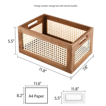 HODAKJUE Boho Wooden Storage Basket with Bamboo Woven Panel, Decorative Handle Organizer Bin for Shelves, Kitchen, Pantry, Closet & Countertop, 11.81 x 7.87 x 5.51 Inch