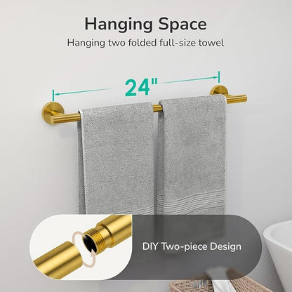 USHOWER Brushed Gold Towel Bar, 24-Inch Towel Racks for Bathroom Wall-Mounted, SUS304 Stainless Steel Towel Rod (Total Length 26-Inch)