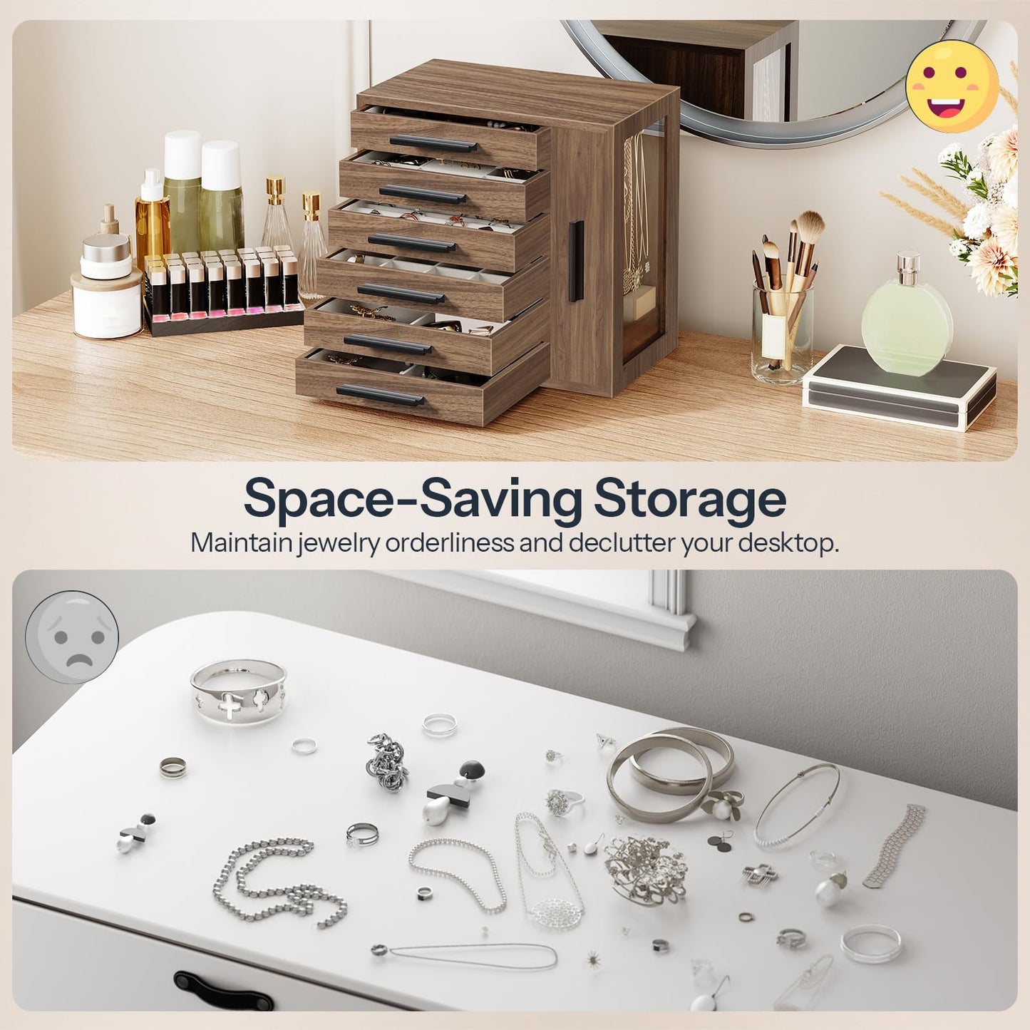 HOOBRO Jewelry Box for Women, Jewelry Organizer Box, 6-Tier Wooden Jewelry Box and 360° Rotating Jewelry Box, Wooden Jewelry Organizer Bundle, BH12JB04-BH30JB04