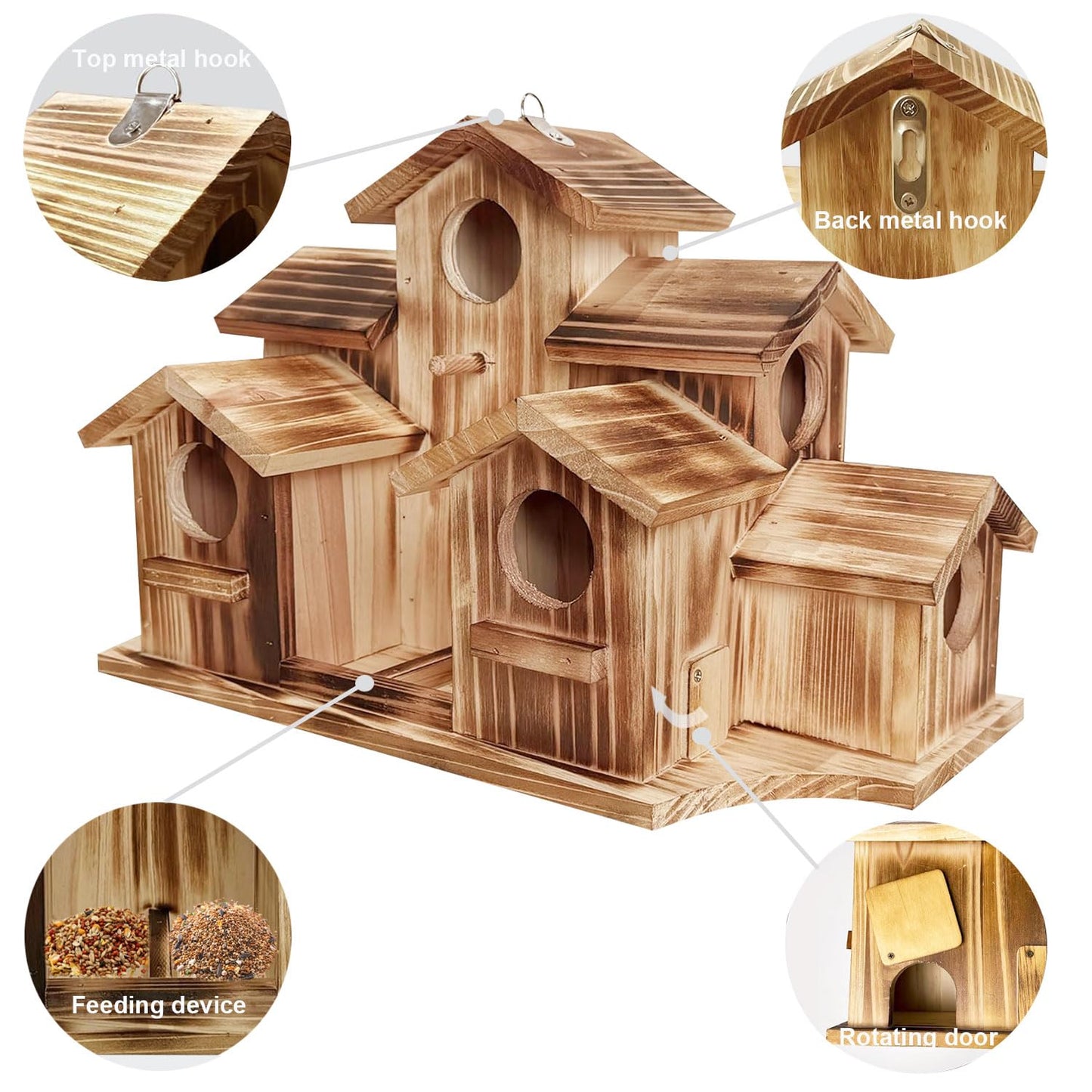 Wooden Bird House for Outside, 7-Compartment Large Birdhouse Castle with Perches, Weatherproof Burnt Wood Hanging Bird Nest for Garden Patio, Decorative Bird Shelter for Bluebird, Finch, Sparrow