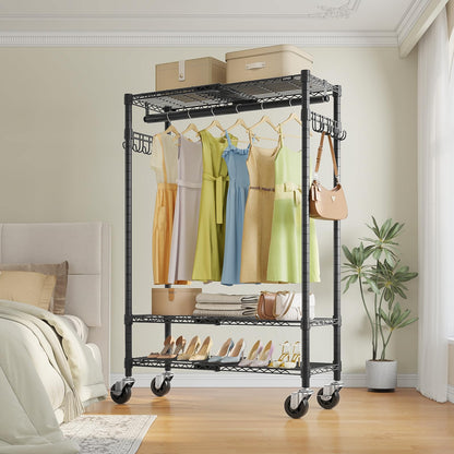 VIPEK R3X Expandable Clothes Rack with Lockable Wheels, 600 lbs Capacity Heavy Duty Rolling Garment Rack with Adjustable Width (2' to 3'5") Shelves, Space-Saving Storage Closet for Small Space (Black)