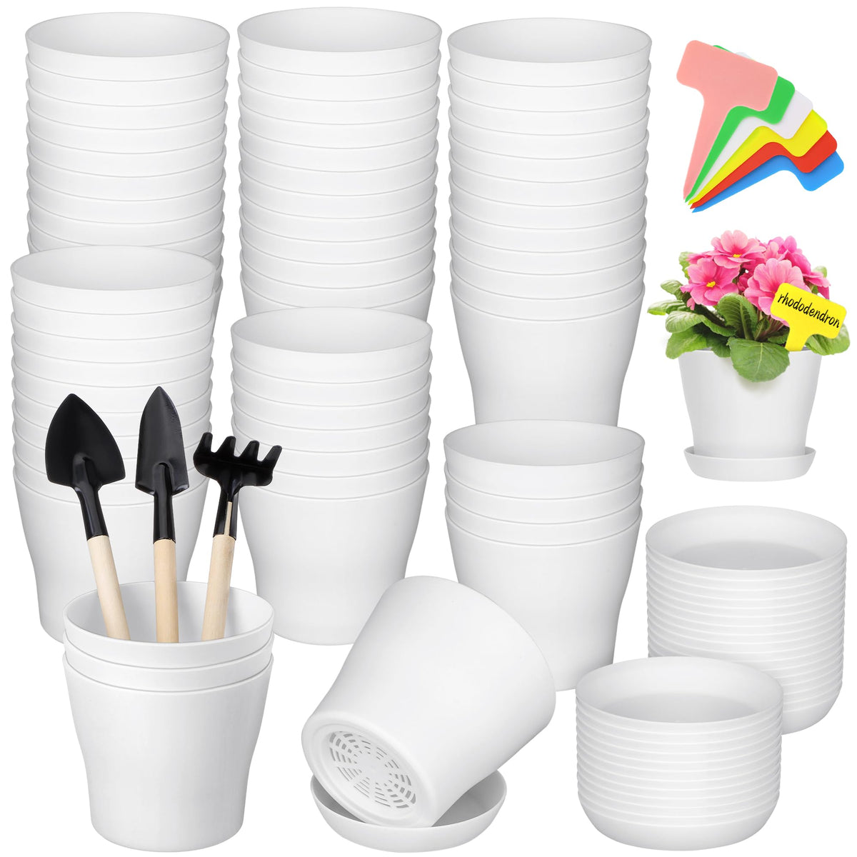 Hahood 60 Pieces White Plastic Planters 4 Inch Flower Pot with Trays Labels Plant Pots Plants Nursery Pot Flower Seedling Nursery Pots for Indoor Outdoor Plant, Herb, Succulent