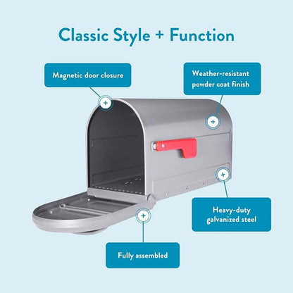 Architectural Mailboxes Mapleton Steel Post Mount Mailbox, Graphite, Large | Galvanized steel build for outside with rust-resistant powder-coat finish and a magnetic door closure. USPS approved.