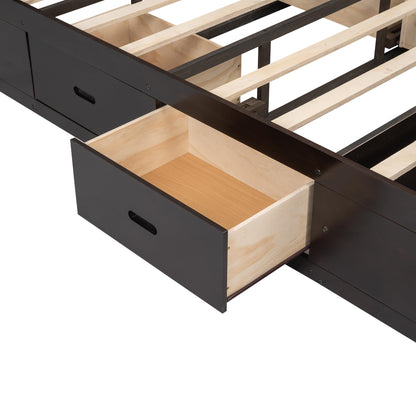 GDFStudio Boden Queen Size Upholstered Headboard, Queen Size Platform Bed with Storage Headboard, Wooden Bed Frame with Shoe Rack and Organizer Drawer, Ample Storage Shelves and 4 Drawers, Espresso