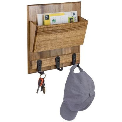 MyGift Rustic Premium Acacia Solid Wood Wall Mounted Mail Holder Rack, Hanging Wooden Home Entryway Organizer with Letter Slot and 3 Black Metal Key Hooks