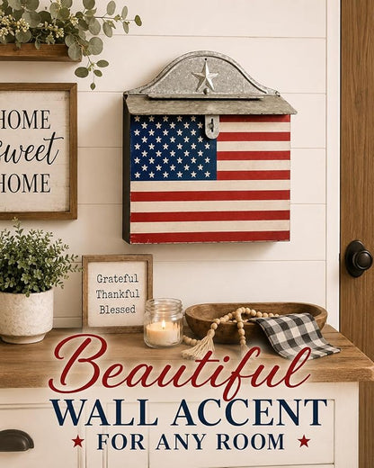 Vintage Americana Post Box Wall Decor – Rustic Farmhouse Mailbox, Patriotic Hanging Wall Accent, Decorative Metal Mail Holder for Entryway, Porch & Home Décor