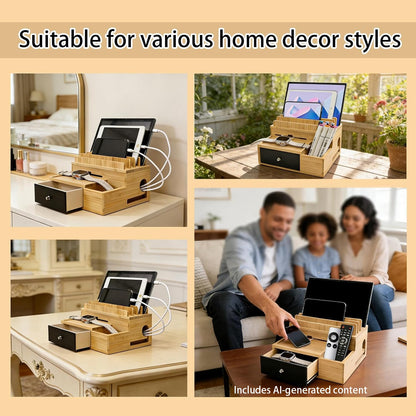PERFECYEE Bamboo Charging Organizer for Multi-Devices, with Drawer and Pen Holder, Nightstand Desk Charging Stations Electronic Organizer for Cell Phone, Tablet, Etc (with 5-Cable, No USB Charger)