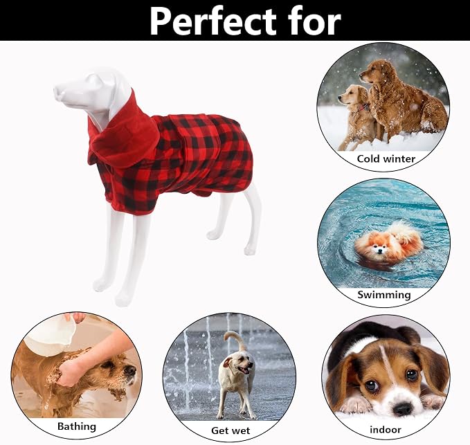Geyecete Dog Drying Coat - Fast Drying Dog Bath Robe Towel - Microfibre Super Absorbent - Red Black Grid - M