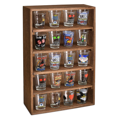 Ikee Design Wooden Wall-Mounted Display Shelves Rack for Collectibles-Figures,Shot Glasses,Spice Can,Cosmetics or Perfume-5 Adjustable Height Shelves,Space-Saving- Brown Color