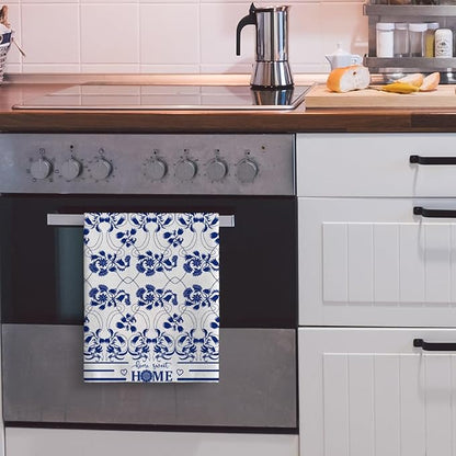Blue Kitchen Towels Decorative Set of 2, Absorbent Boho Floral Dish Towels