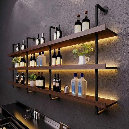 Solid Wood Wine Racks Wall Mounted with LED Lights, Modern Metal Wine Bottles Display Shelf, Industrial Iron Floating Lighted Bar Liquor Whiskey Shelves Rack for Home & Dining Room(100CM/39.3IN)