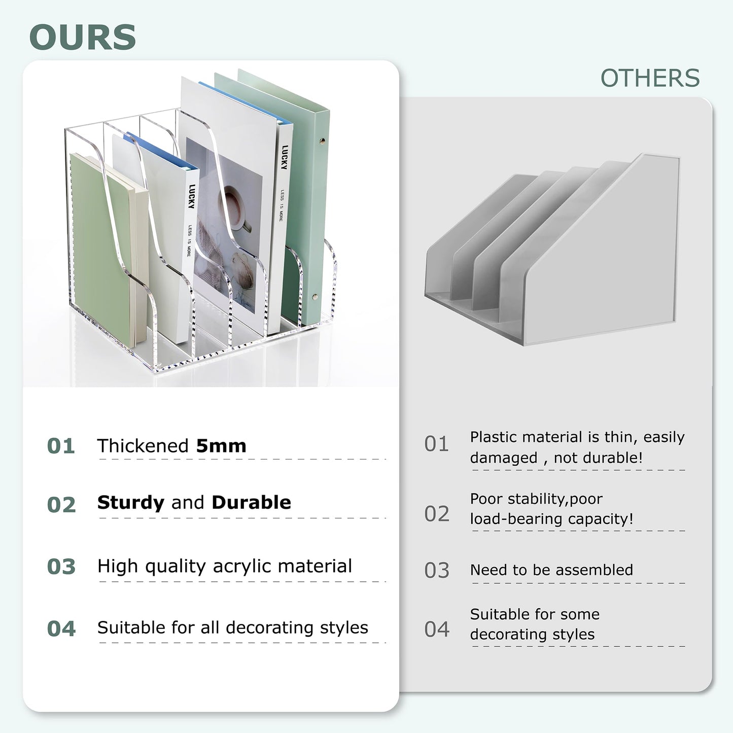 SANRUI Acrylic Desk Organizers, Clear Magazine File Holder, 5 Vertical Compartments A4 Folder Binder Holders Sorter, Office Desktop Workspace Organization Storage Rack for Office Home School