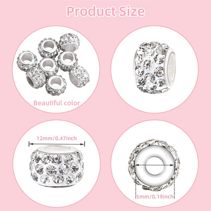 200 PCS European Large Hole Beads Rhinestone White European Beads Crystal Large Hole Craft Beads for DIY Charms Bracelet Jewelry Making