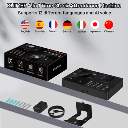KUIIYER 4 in 1 Employees Time Clocks for Small Business (Face + Fingerprint + Palm Print + PIN) Employee Clock in & Out Machine Biometric Attendance Punch Clock Recorder Tracker (No Monthly Fee)