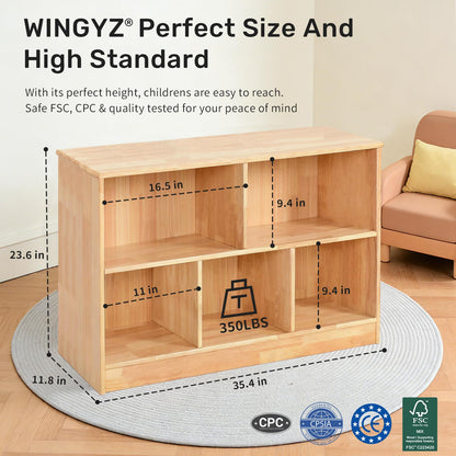 WINGYZ Rubber Wood Montessori Bookshelf, 5-Section Wooden Storage Cabinet, 2 Shelf Bookcase Toy Storage Organizer, 35.4" L Montessori Shelf for Kids Rooms Playroom Nursery Classroom Daycare Furniture