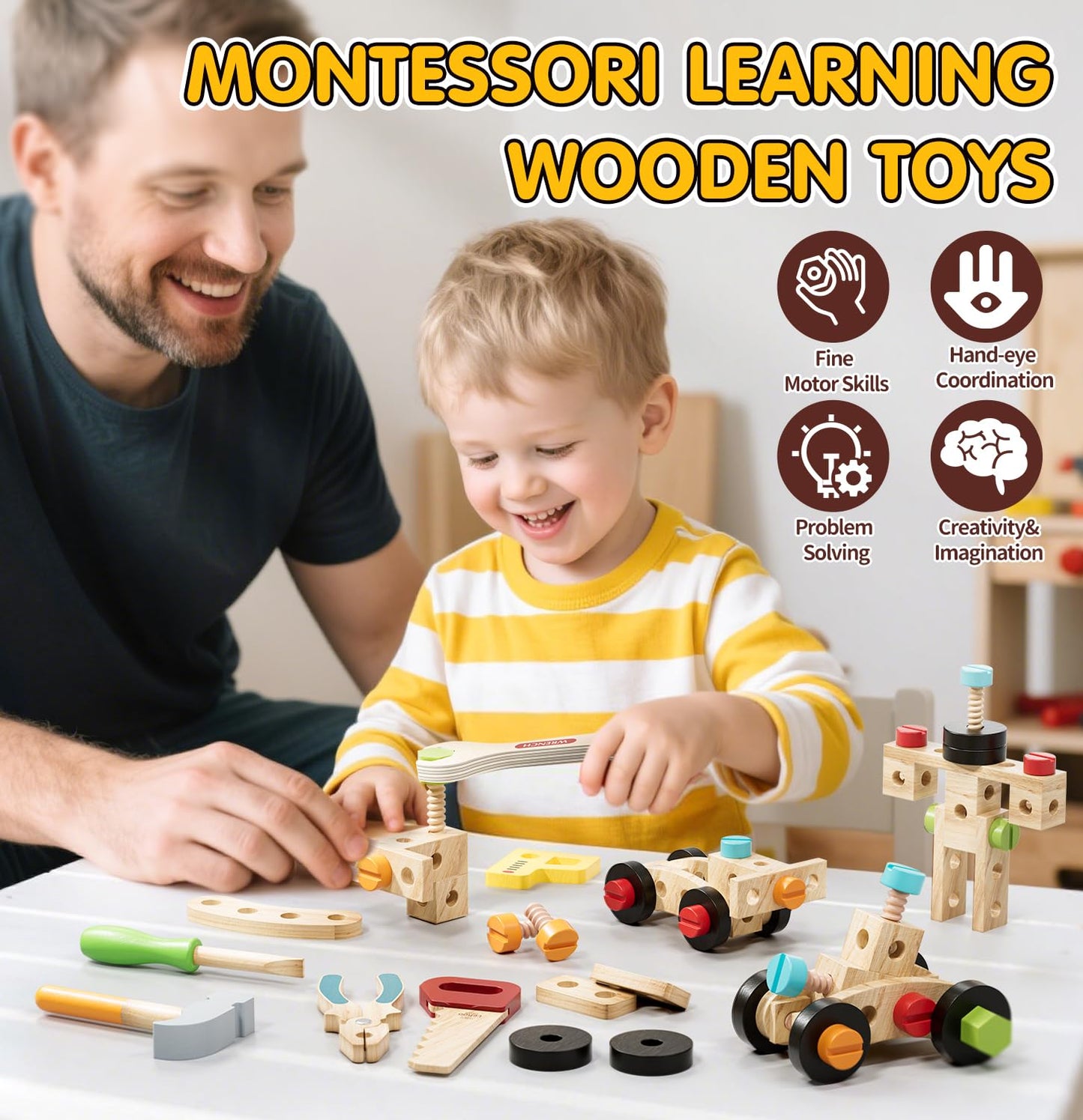 Lehoo Castle Kids Tool Set with Toolbox, Wooden Toys for 3 4 5 Years Old Boy Birthday Gift, Construction Play Tools, STEM Learning Toys for Preschooler, Pretend Play Gifts for Christmas