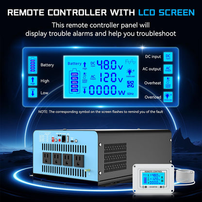 48V 2500W Pure Sine Wave Inverter 48V DC to 110V AC, 5000W Peak Power, 4 AC Outlets, USB & Type-C Port, Adjustable Input for Lithium Battery, Solar/Off-Grid Backup with LCD Remote