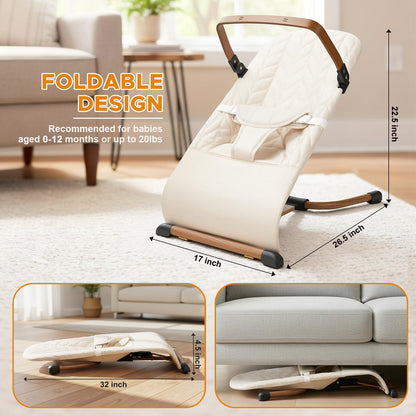 Portable Baby Bouncer, Bouncer Seat for Babies 0-12 Months, 3 Recline Positions, Foldable Baby Rocker Chair with Removable Wooden Bar, Beige