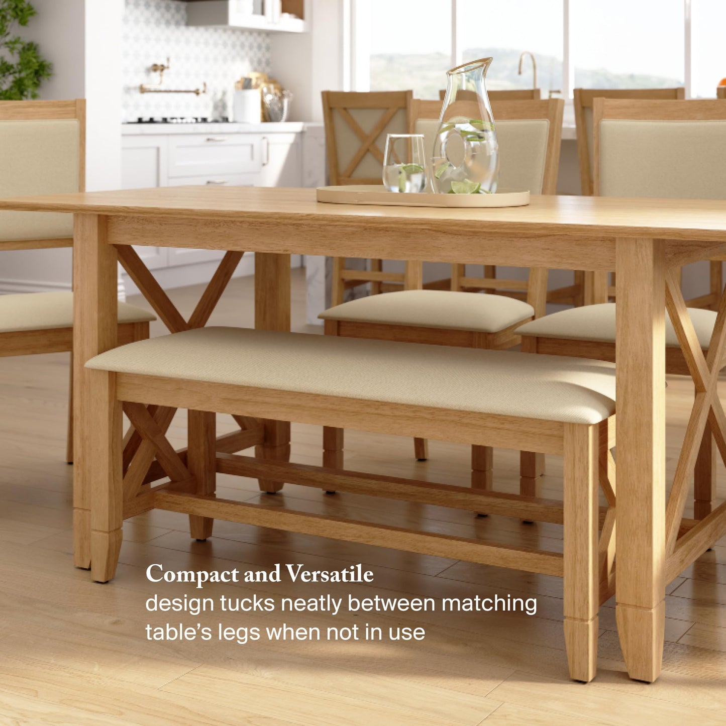 Bush Home 44-inch Upholstered Entryway Bench, Entryway and Hallway Furniture, Key West Collection, Blonde Oak and Bright Beige Fabric