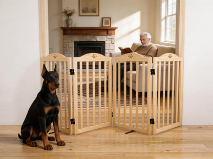 Oapety Wooden Dog Gate Indoor, 31.5" H Freestanding Doggy Gate, No-Painted Folding Cute Puppy Fence for Doorways Stairs Hallways, 4 Panels