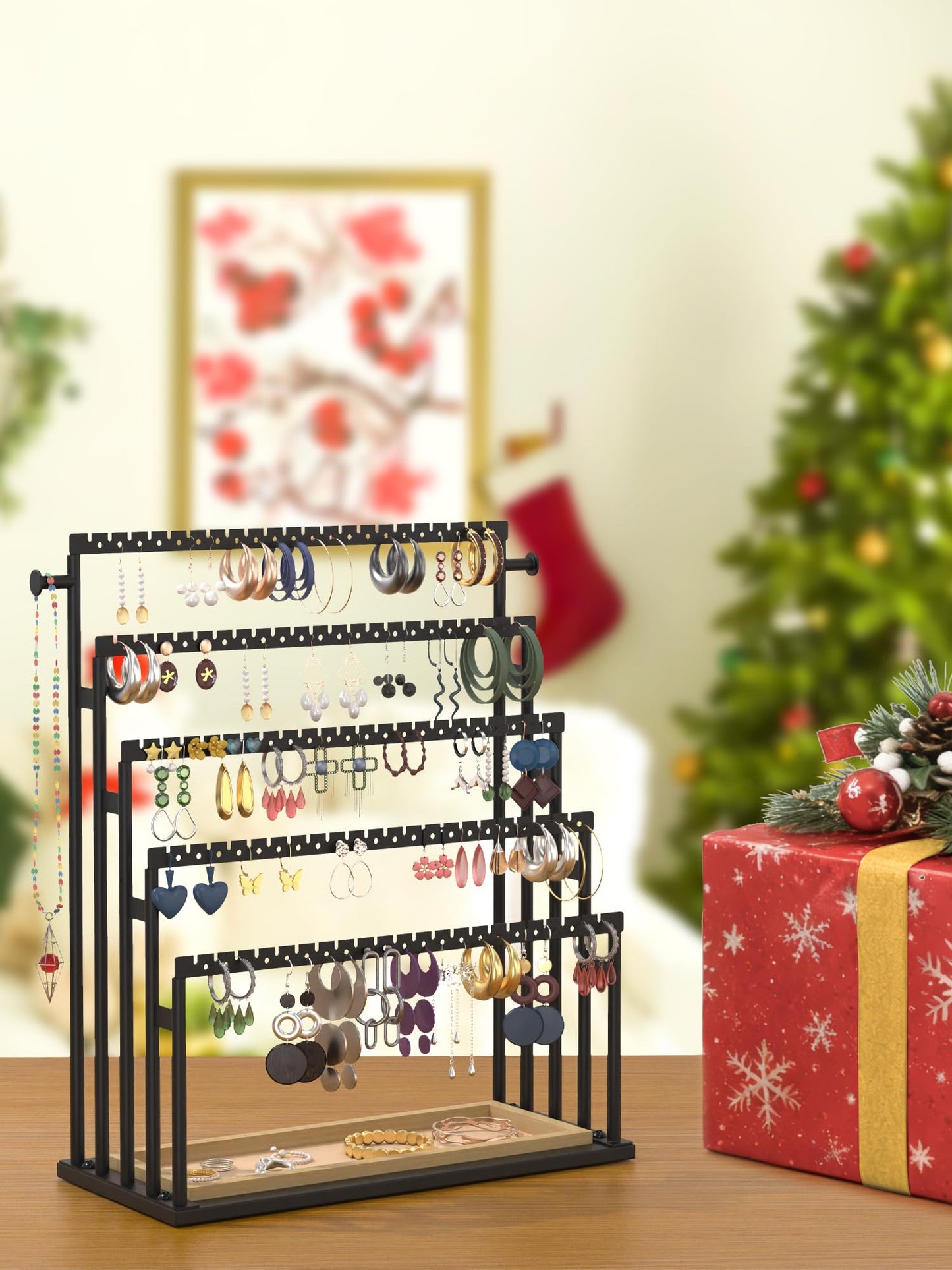 TIPSYTREE Earring Holder Organizer, 5-Tier Step Jewelry Display Stand with Metal Frame and Wooden Storage Organizer, Large Earring Holder for Studs, Hoops, Dangles, Modern Jewelry Organizer for Women