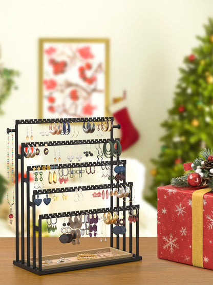 TIPSYTREE Earring Holder Organizer, 5-Tier Step Jewelry Display Stand with Metal Frame and Wooden Storage Organizer, Large Earring Holder for Studs, Hoops, Dangles, Modern Jewelry Organizer for Women
