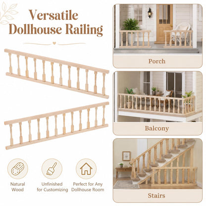Garneck 2PCS Dollhouse Railing Kit: 1:12 Scale Unfinished Wooden Handrail Miniature Porch Railing for Balcony Tiny Stair Fence Accessories DIY Fairy Doll House Furniture Decoration